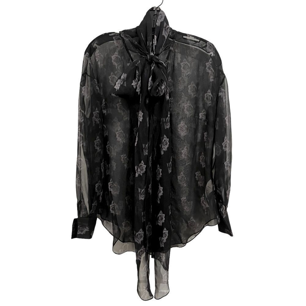 JOSH GOOT Sheer Black Roses Print Blouse with Necktie Bow, M, NEW